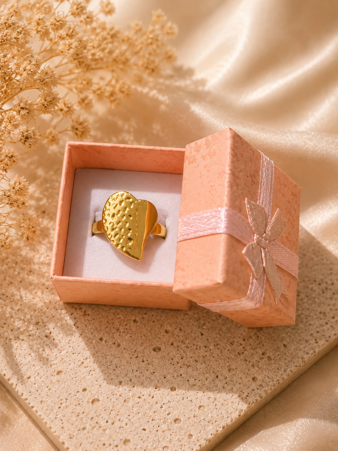 Bague cœur martelé ajustable en acier inoxydable doré