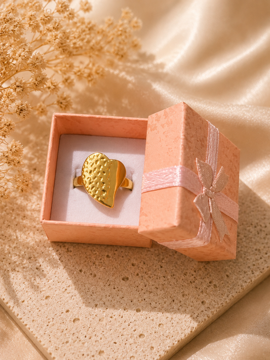 Bague cœur martelé ajustable en acier inoxydable doré