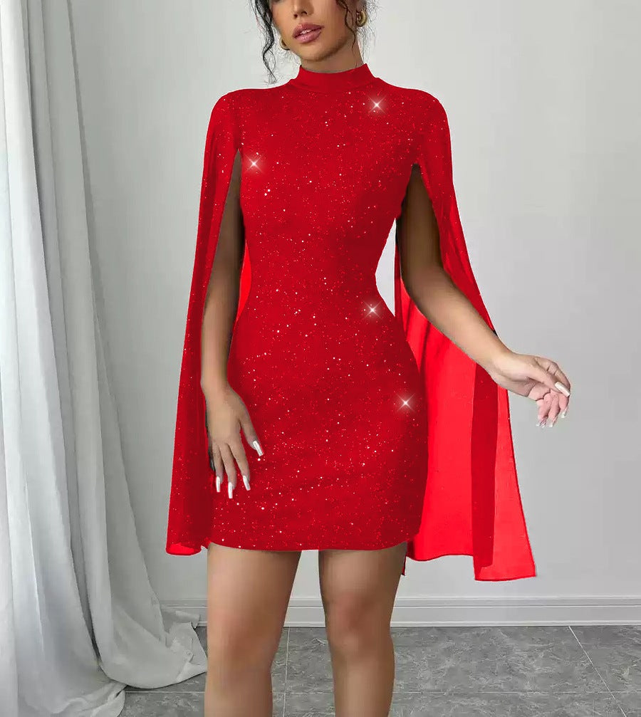 Robe Courte à Paillettes avec Cape – Manches Longues & Style Glamour