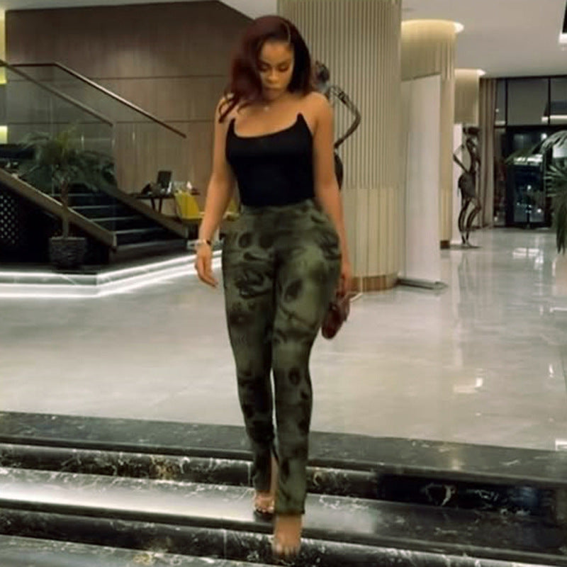 Pantalon Femme Imprimé Taille Haute – Coupe Slim Stretch avec Fentes