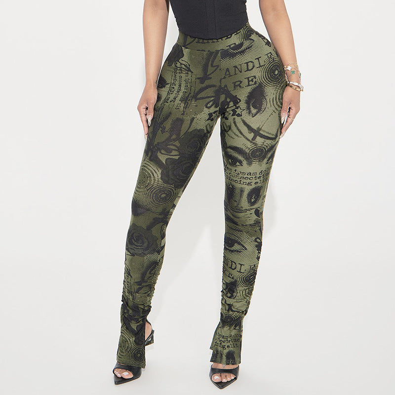 Pantalon Femme Imprimé Taille Haute – Coupe Slim Stretch avec Fentes