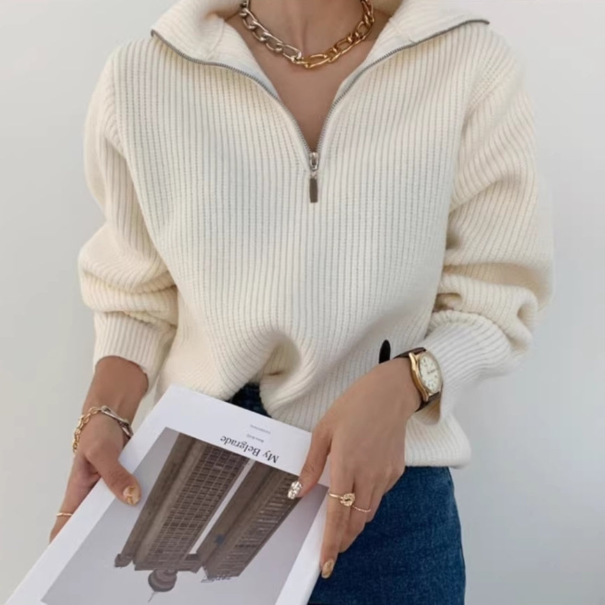 Pull femme col zippé manches longues