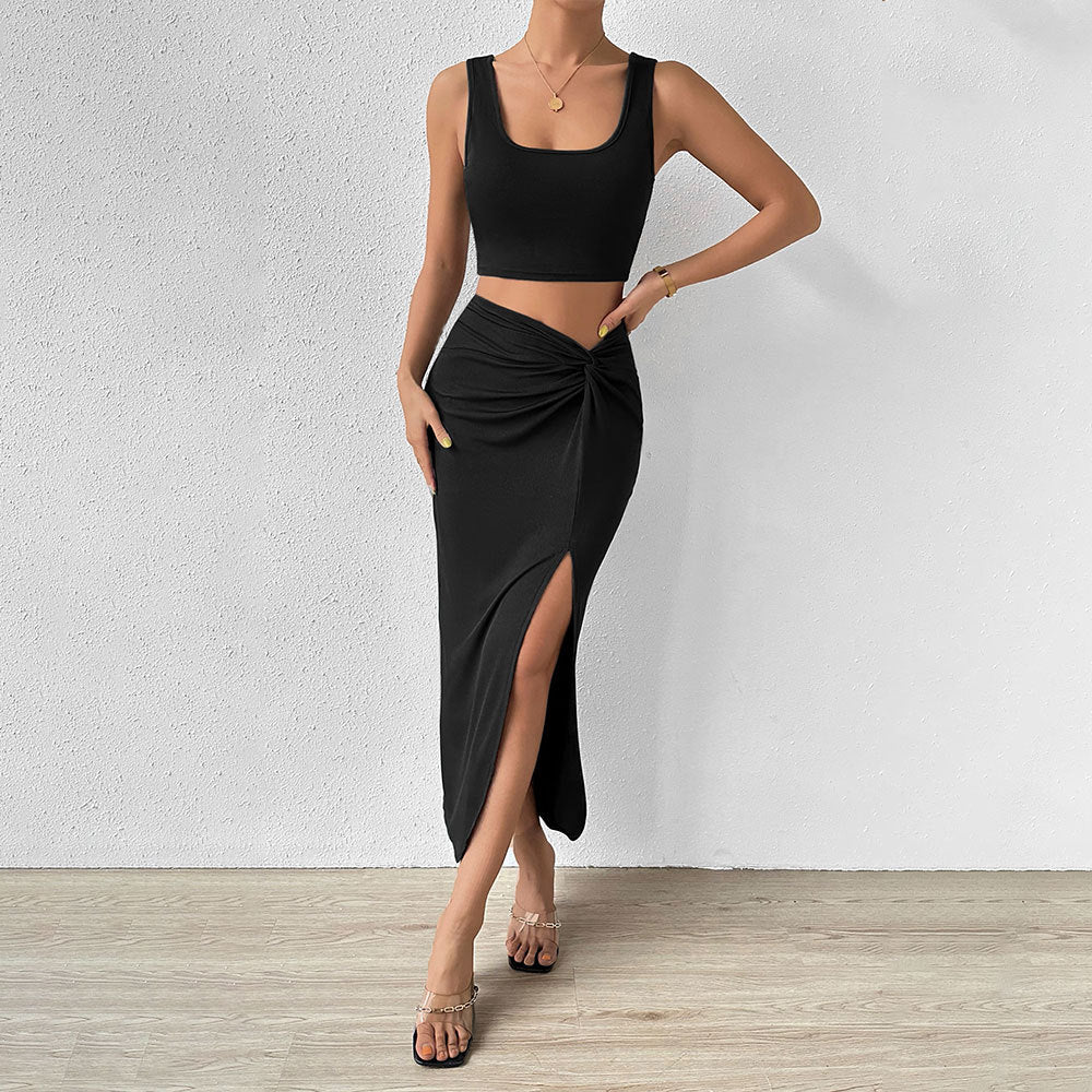 Ensemble Élégance Fendue – Top & Jupe Midi Sculptante