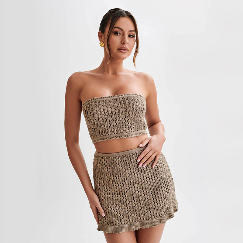 Ensemble Noir Femme 2 Pièces – Top Bandeau & Jupe Ajustée