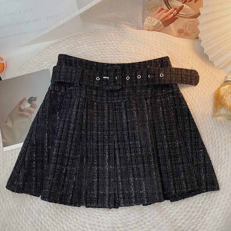 Jupe Plissée Femme Taille Haute en Tweed – Avec Ceinture Chic