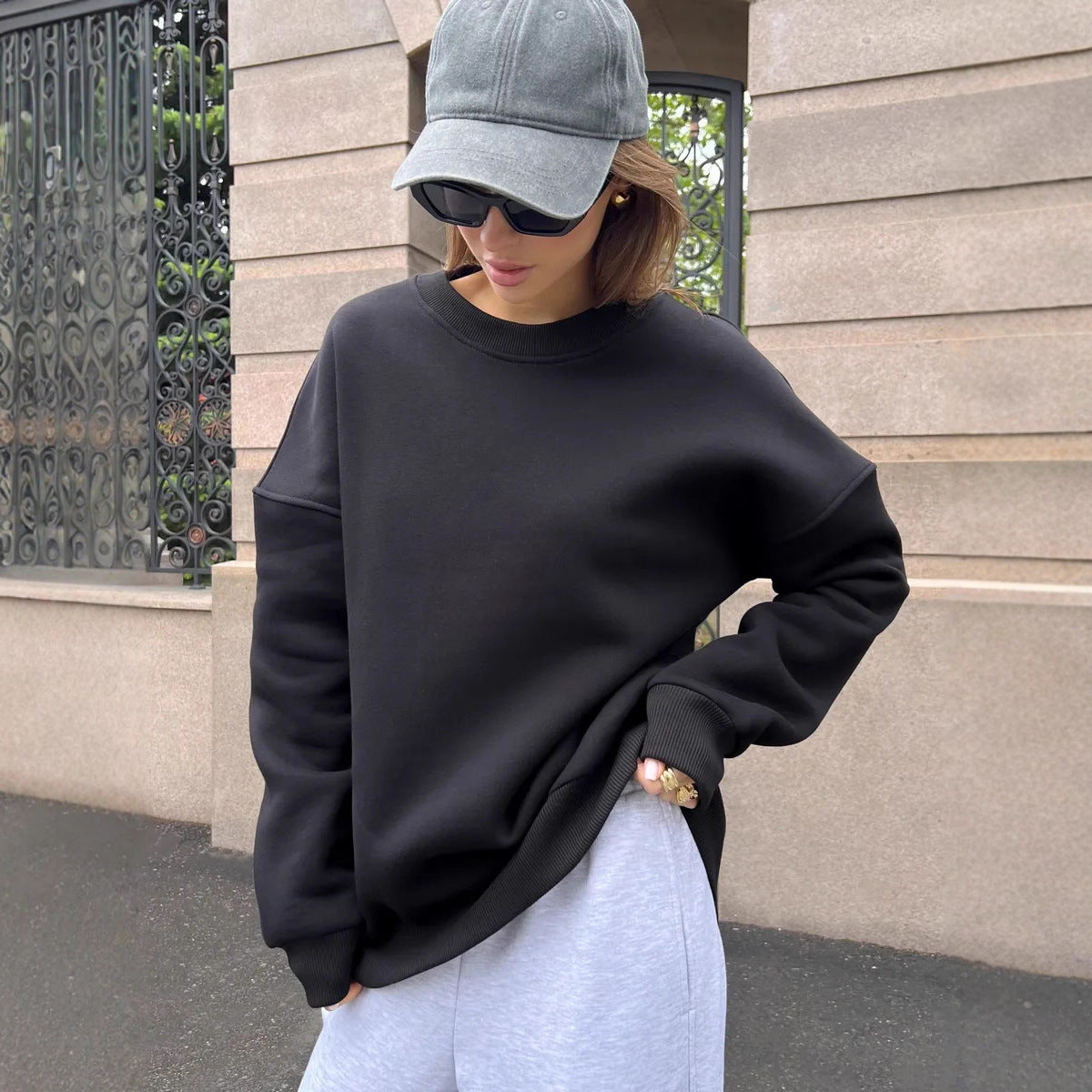 Sweat Femme Uni Épais Col Rond – Coupe Ample Casual & Tendance