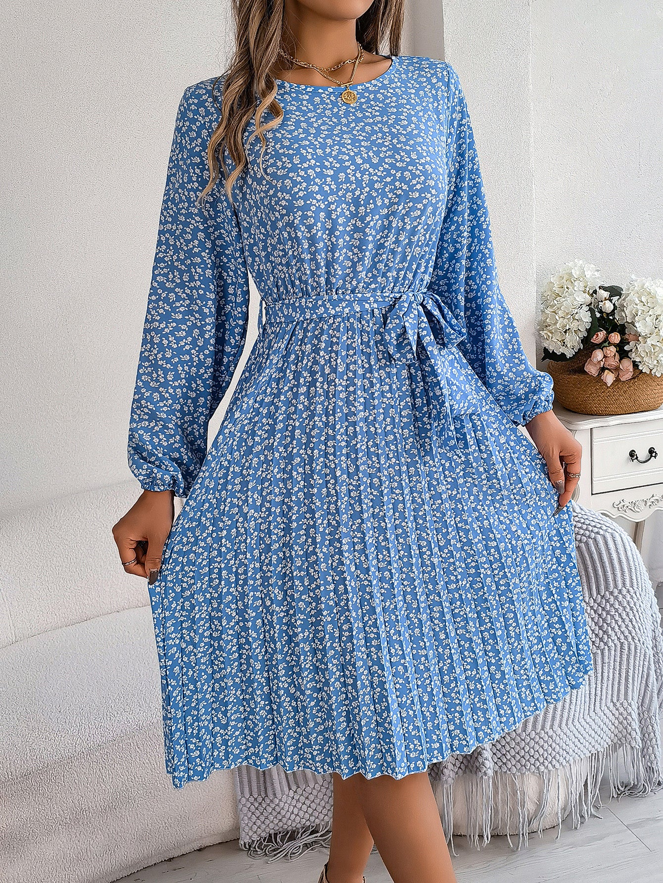 Robe Plissée Fleurie Femme – Taille Haute & Manches Longues