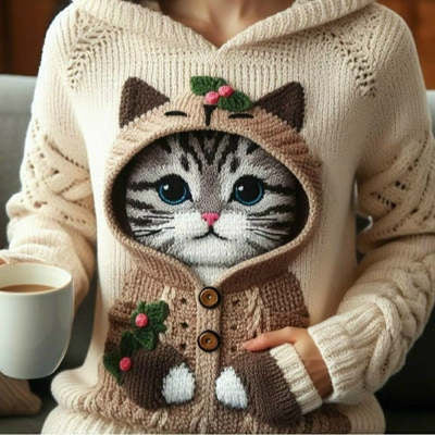 Pull Femme Imprimé Chat Casual
