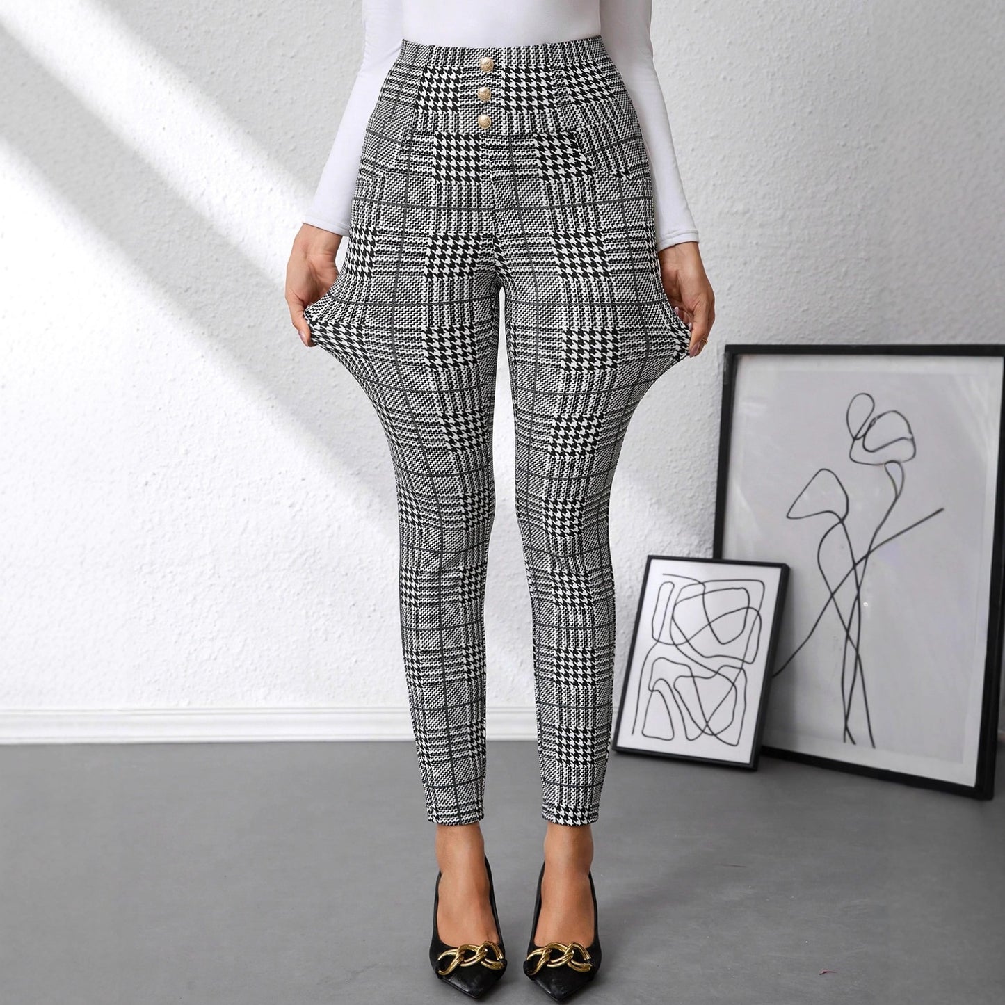 Pantalon Femme Taille Haute à Carreaux – Coupe Slim Chic