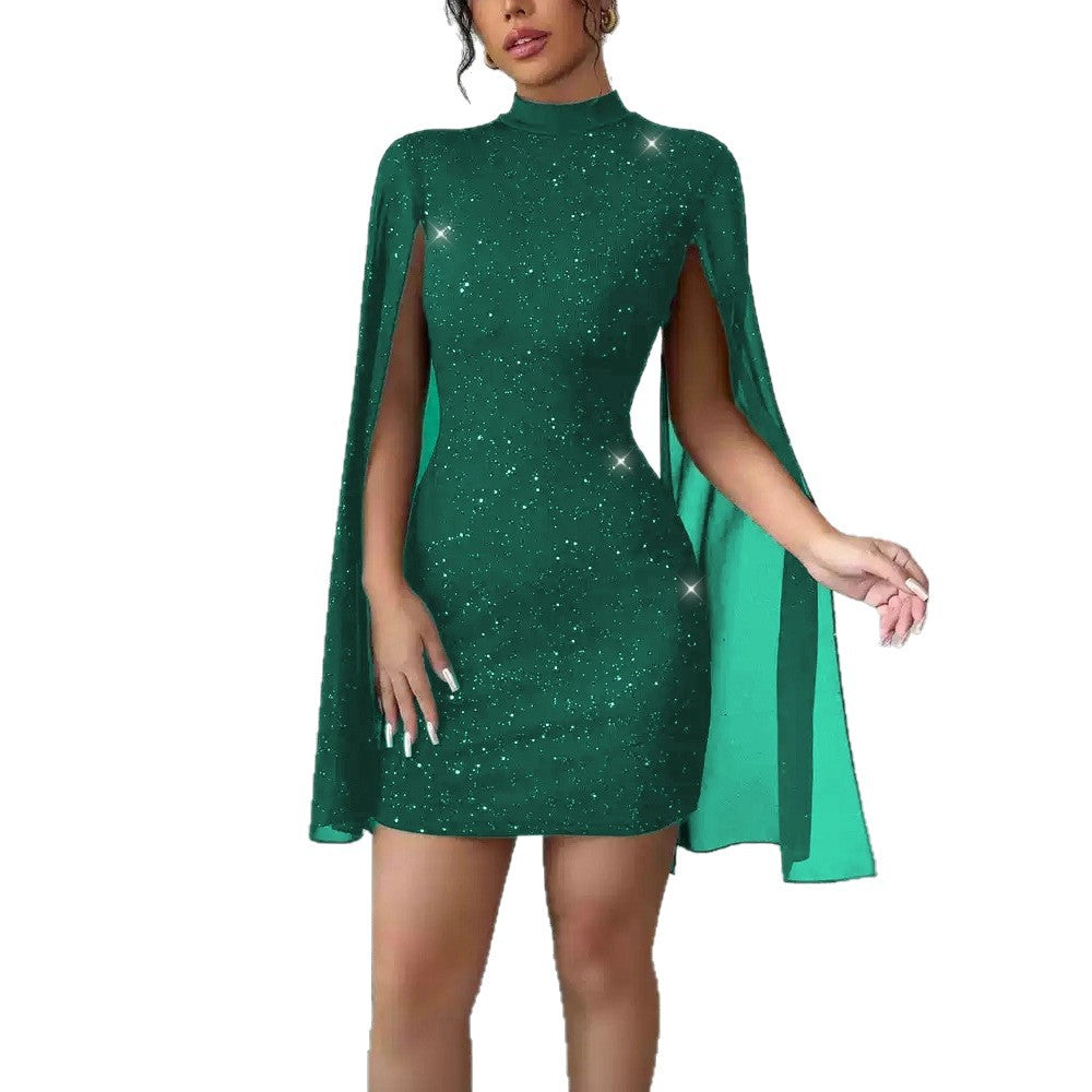 Robe Courte à Paillettes avec Cape – Manches Longues & Style Glamour