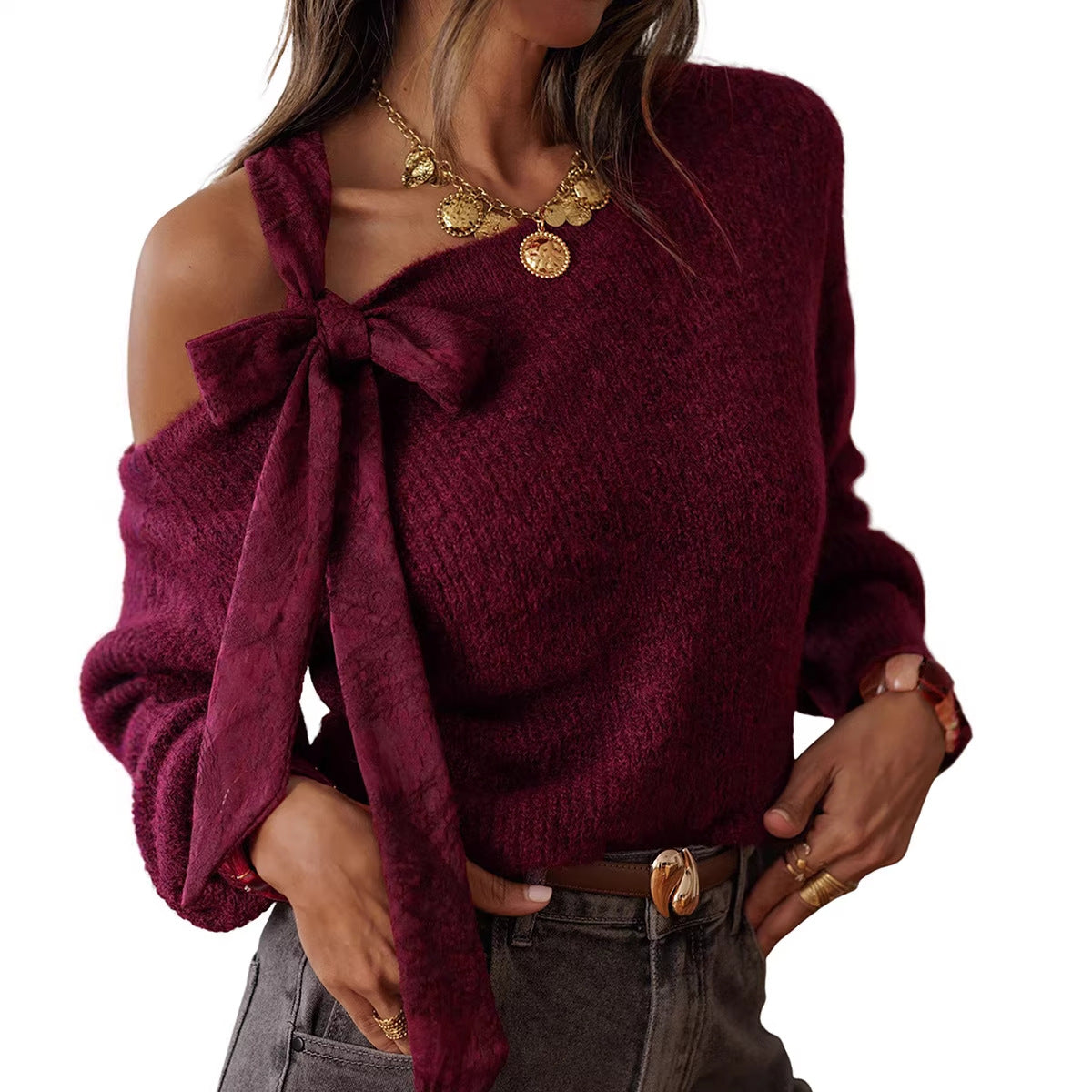 Pull femme élégant à nœud manches longues
