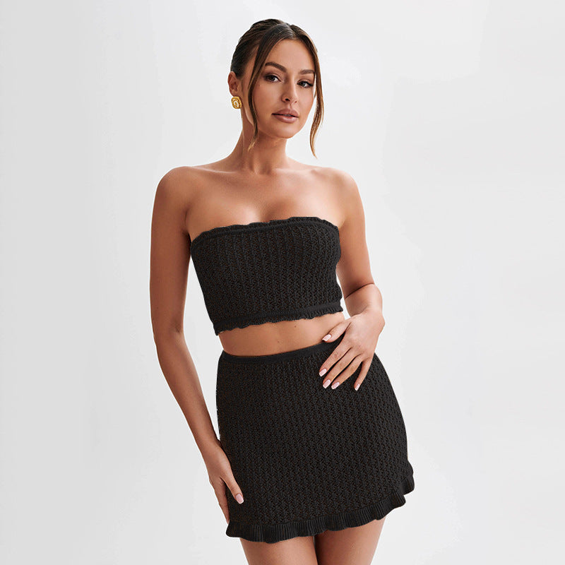 Ensemble Noir Femme 2 Pièces – Top Bandeau & Jupe Ajustée