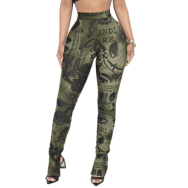 Pantalon Femme Imprimé Taille Haute – Coupe Slim Stretch avec Fentes