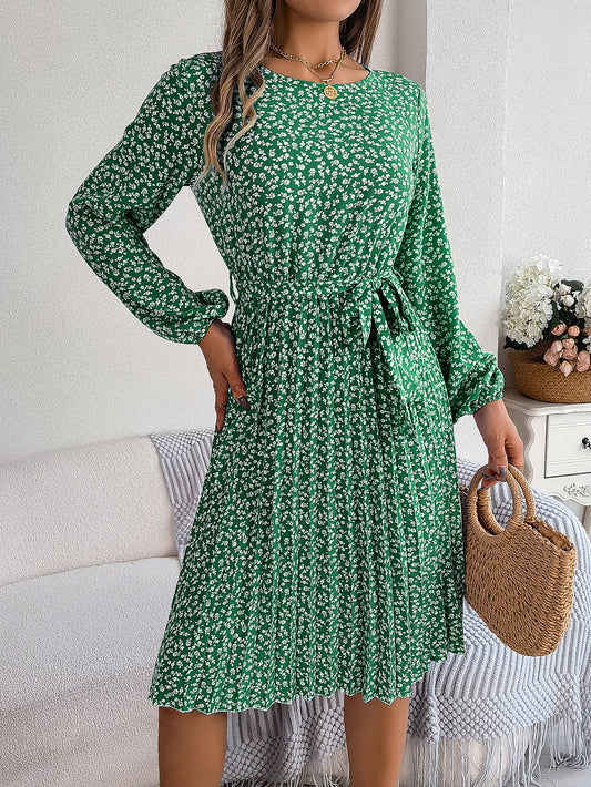 Robe Plissée Fleurie Femme – Taille Haute & Manches Longues