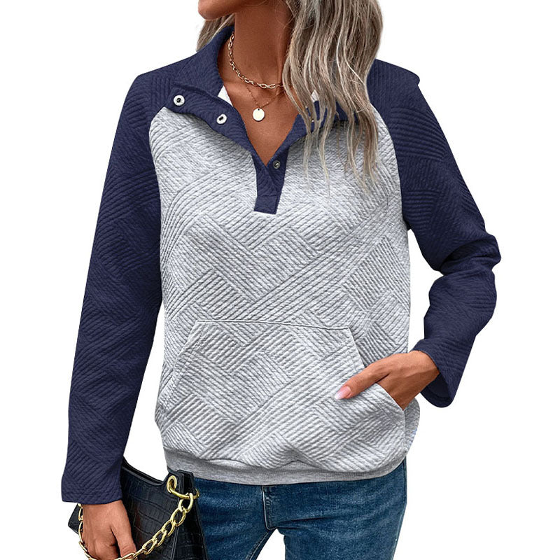 Sweat Femme Col Polo Bicolore – Manches Longues Casual & Élégant